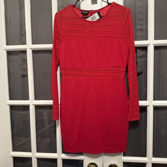 Bebe Red Striped Sheer Bodycon Longsleeve Dress Size L SALT1099 NWT - Picture 1 of 10